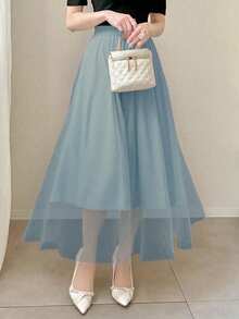 FRIFUL 女士簡約網紗日常優雅裙 - 霧霾藍 - 查看 3