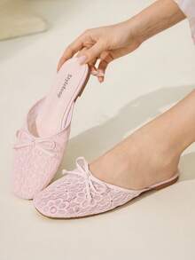 CUCCOO CHICEST Sandale plate cu vârf pătrat, din material PU, cu toc de 1 cm, roz, cu fundă țesută, la modă și confortabile, potrivite pentru vacanță