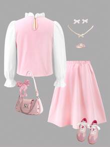 SHEIN Sparklyn 2pcs Girls' Pink Sweet School Style 2 In 1 Long Sleeve Shirt, Vest And Skirt Set, Suitable For School, Casual Outings, And Party Occasions Fall Winter - Multicolor - View 2