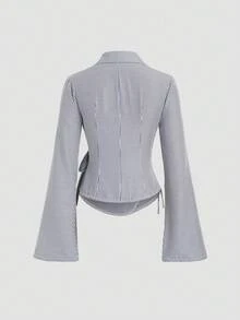 Sweetra 新款通勤百搭办公条纹蝴蝶结袖口喇叭袖女式衬衫秋季女装 - 藍白色 - 查看 2