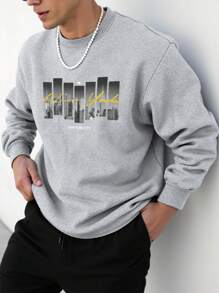 Manfinity Homme 休闲时尚百搭圆领长袖男士套头衫，男士图案运动衫，男士圆领运动衫，男士休闲长袖 T 恤，秋冬 - 淺灰色 - 查看 1