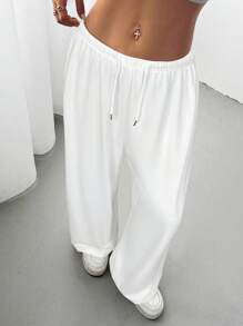 SHEIN EZwear Quần dài ống đứng lưng thấp co giãn có dây rút màu trơn cỡ lớn thường ngày - trắng - Xem 6