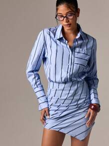 AiiRZ Robe mini en popeline de coton, jupe drapée asymétrique, manches longues boutonnées. Tenue de travail de bureau professionnelle, col, collection printemps automne