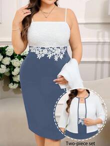 Reflora Plus Size Elegant Lace Contrast Color 2 Pieces Set For Women - Dusty Blue - View 1
