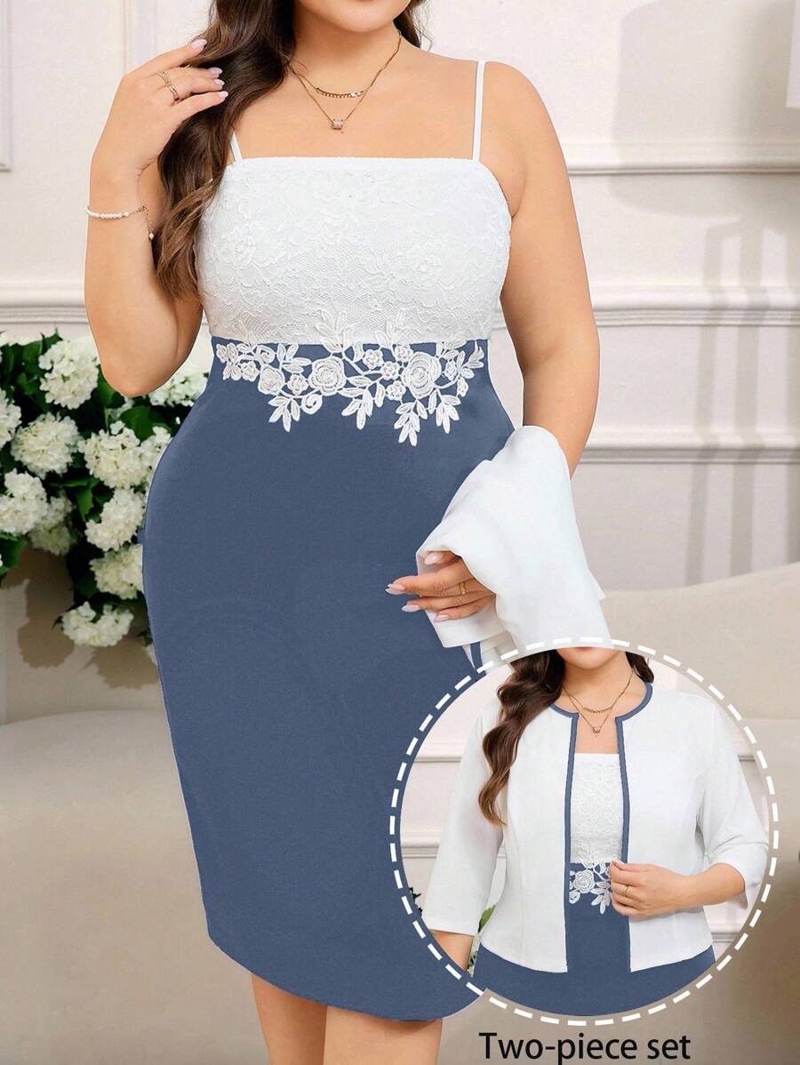 Reflora Plus Size Elegant Lace Contrast Color 2 Pieces Set For Women - Dusty Blue - View 1