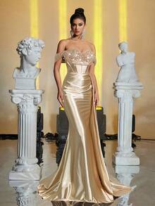 Glamrae 勃艮第红色优雅奢华酒红色露肩 3D 花卉珍珠亮片褶饰美人鱼下摆连衣裙，适合婚礼、派对、鸡尾酒会、节日、舞会（繁重工作） - 香檳色 - 查看 6