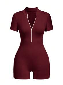 Easithlete 2PCS Women Sports Jumpsuits Zip Up Romper Rompers For Women Short Sleeve Romper Ribbed Romper Bodysuit Romper Seamless Romper Short Romper Active Romper