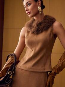 MOTF PREMIUM SUEDETTE CONTRAST FUZZY TRIM SLEEVELESS TOP & SKIRT OUTFITS - Khaki - View 5