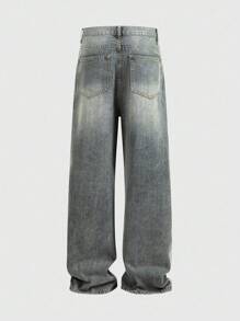 ROMWE MEN Street Life Jeans rectos casuales desgastados para hombre - Azul - Ver 2