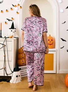 Chillnights Plus Size Halloween Element Printed Mock Neck Loungewear Pajama Set - Pink - View 2