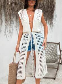 SHEIN Suéter de mujer de unicolor con diseño de abertura delantera y cordón