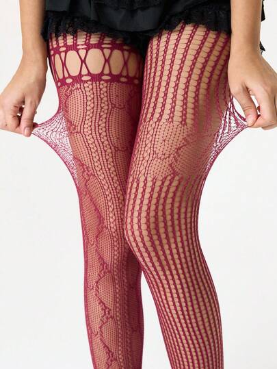 Grunge Punk زوج من جوارب الشبكة الجنسية ذات التصميم المحفور الهندسي والتدرج اللوني، جوارب شفافة مرنة رقيقة لأسلوب Y2K