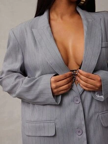 Radiana Conjunto de traje gris a rayas oversize de moda para mujer, chaqueta tipo blazer con hombros acolchados y falda de cintura baja en 2 piezas (incluye leggings anti-exposición), adecuado para salidas casuales, ir al trabajo, fiestas, citas en otoño/invierno