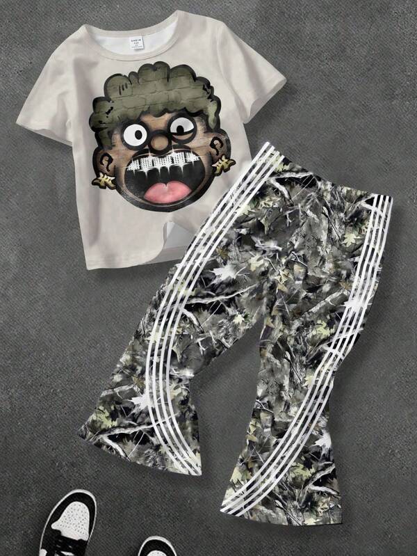 SHEIN Bolty Young Boy Cartoon Character Print Crew Neck Short Sleeve T-Shirt & Classic Withered Branch Striped Flare Pants 2 Pieces Set,Summer,Career Day