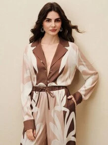 Anewsta 2pcs Coffee Brown Fashionable Casual Chic Printed Wide Leg Pants Suit For Women, Autumn/Winter - Coffee Brown - View 5