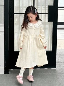 DAZY Kleine Mädchen Peter Pan Kragen Spitze Patchwork Midi Süßes Lässig Kleid Herbst,Winter - Aprikosenfarben - Übersicht 5