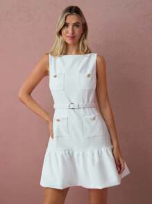 Enchnt Fall/Winter Romantic Women's White Metal Buttons Decor Sleeveless Bubble Hem Cute Mini Dress With Belt,Sweet&Elegant For Vacation&Date&Holiday&Birthday&Party&Graduation&Wedding Guest&Office&Going Out&Halloween&Christmas,Autumn Dresses For Women,Fall Clothes For Women,Autumn Outfits For Women,Back To School - White - View 4