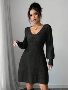 Siren Gaze Váy len ngắn cổ tim dài tay dệt kim thời trang thu đông cho nữ, Váy len ngắn đơn giản cổ chữ V màu trơn cho nữ - màu đen - Xem 6