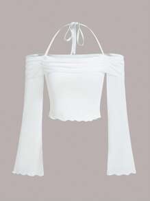 SHEIN ICON لباس علوي قصير موحدة اللون رسن عنق اكمام منتفضة