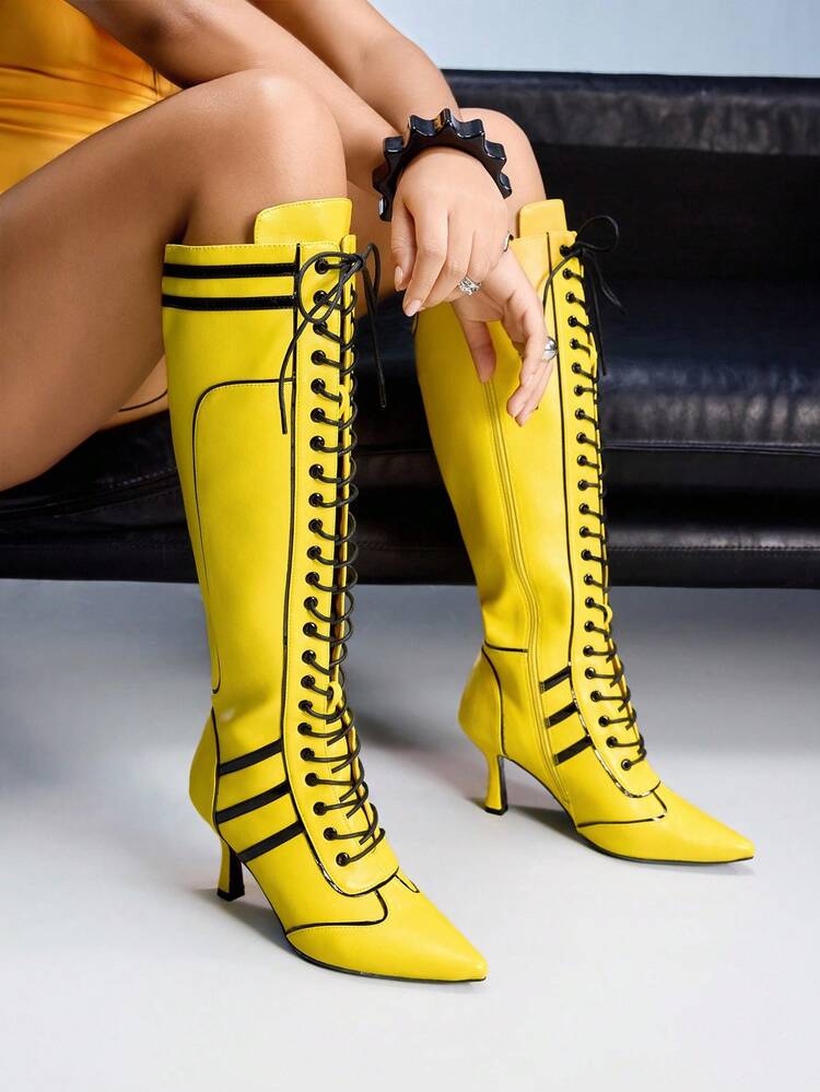 CUCCOO GRLICON Pointed Toe Kitten Heel Fashionable Sexy Colorblock Racing Style Women's Over-The-Knee Lace-Up Boots, Motorcycle Chic Outfit, Suitable For Spring/Summer, Vacation, Travel, 2000s Style