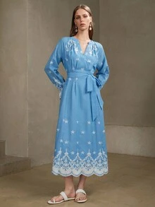 Arave Women's Floral Contrast Embroidery V-Neck Tie Waist Design Elegant Dating Autumn Long Dress Dresses For Women Elegant Fall Dresses For Women Wedding Guest Dress Women Teacher Outfits For Women Fall Clothes For Women - Blue - View 5