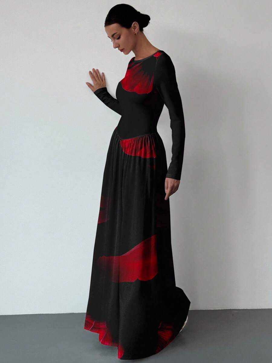 Aloruh 秋冬新款性感船领白色长袖花卉印花紧身连衣裙，适合晚会、日常外出、派对、清凉秋季