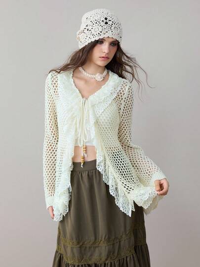 ROMWE Avant Women's Vintage Mori Kei Cottagecore Lace Patchwork Flare Sleeve Sheer Cardigan, Vacation Style