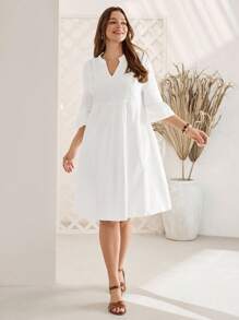 Rosumi Plus Size Women White V-Neck Bell Sleeve Casual Dress For Vacation Country Spring Outfits For Women Summer Outfits For Women - White - View 4