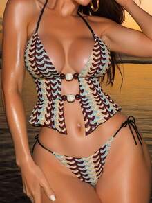 Swim SXY 2025 夏季时尚纹理面料性感可爱石珠装饰波西米亚印花吊带比基尼两件套女式泳衣 - 彩色 - 查看 3