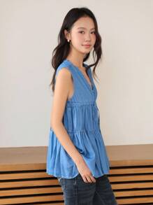 K-Vae 女士夏季度假荷叶边牛仔上衣、褶皱无袖牛仔开衫上衣、宽松牛仔系带蓝色上衣 - 淺藍色 - 查看 7