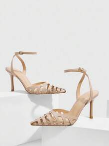 CUCCOO SZL Women's Apricot PU Hollow Out Strap Pointed Toe Fashionable Sexy Elegant Party High Heel Pumps - Apricot - View 2