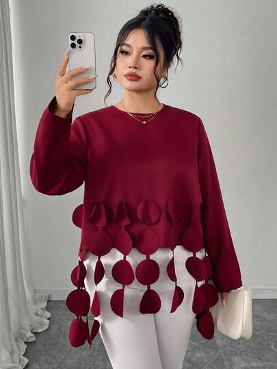 Modelyn Plus Size Women's Elegant Round Tassel Casual Fashion Long Sleeve Shirt Fall Cloth For Women