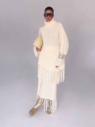 AiiRZ Chunky Knit Maxi Skirt Winter Turtleneck Fringe Design Cozy Warm Floor Length Rib Loose Fit Fall Fashion Casual Elegant