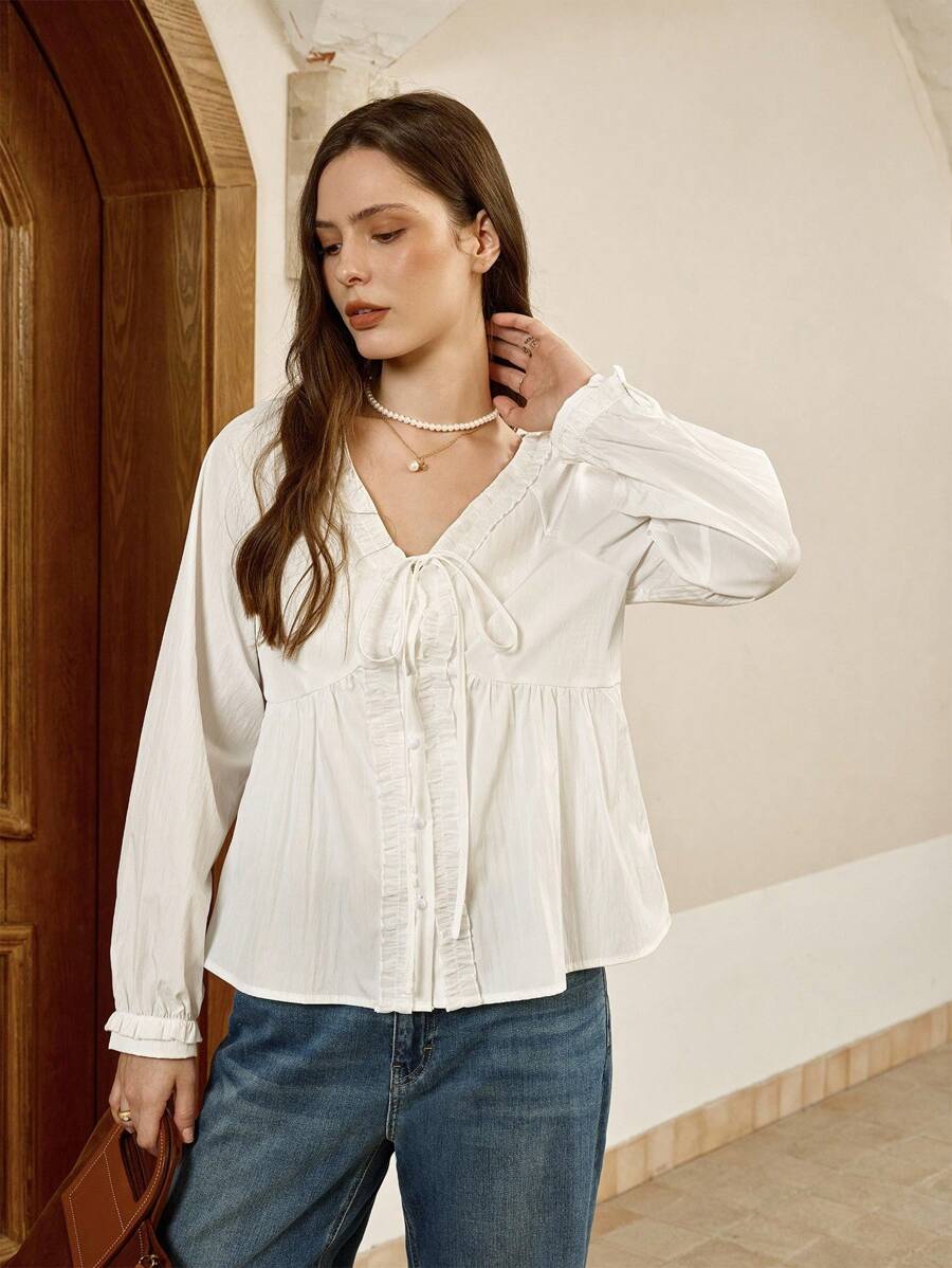 INAWLY Áo cánh tay dài buộc nơ phía trước màu trơn cỡ lớn dành cho nữ mùa thu vải dành cho nữ - trắng - Xem 1