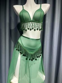 SHEIN 3 件套网眼性感串珠内衣套装：胸罩 + 丁字裤 + 高开衩长裙绿色内衣套装，外出 - 墨綠色 - 查看 6