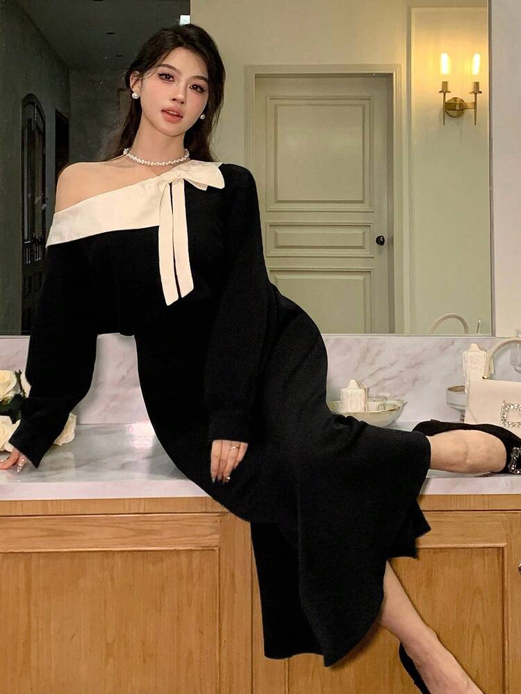 Women's Autumn Color Block Asymmetric Collar Mid-Length Dress