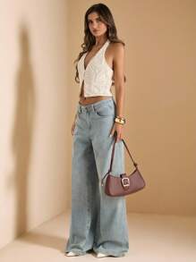 SHEIN BAE 女士杏色腰果花刺绣纹理露背无袖上衣，度假装，优雅衬衫 - 杏色 - 查看 4