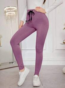 Modelyn Quần legging bó sát có dây rút màu trơn dành cho nữ, thoải mái và co giãn - Màu tím  Violet - Xem 5