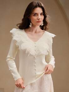 Anewsta Women's Elegant Dignified Elegant 3D Lace Petal V-Neck Sweater, High-End Design - White - View 4