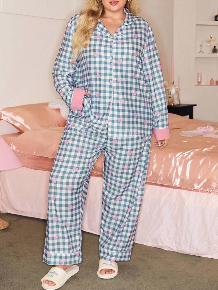 大码格子蝴蝶结方格纽扣上衣和裤子睡衣套装，秋季服装 - 彩色 - 查看 3
