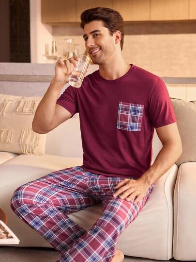 Manfinity Underwear&Sleepwear Basics 2 Pieces Wine Red Lattice Casual T-Shirt & Plaid Pants Pajama Set Sleepwear For Men