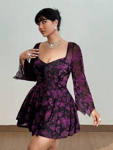 Viva Relle 大码女式花卉印花植绒 V 领喇叭袖荷叶边下摆迷你连衣裙，适合秋季、冬季、机场旅行、派对、正式、性感、露背、复活节、浪漫 - 彩色 - 查看 8