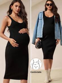 MaterniWear Women Pregnant Plain Crew Neck Sleeveless Bodycon Knit Dress  Office Dress  Work Outfits For Women   Work/Office   Casual - Black - View 9