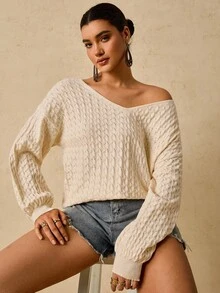 SHEIN VCAY Áo len dài tay rộng cổ chữ V màu mơ cỡ lớn dành cho nữ, áo chui đầu dệt kim có lỗ khoét rỗng, họa tiết, áo len nữ, áo len chui đầu cho nữ, áo len trễ vai, áo len cổ chữ V, áo len thu đông dành cho nữ, áo len nữ cỡ lớn, áo len trễ vai, áo len trắng - Màu be - Xem 4