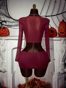 Amplova Bộ 2 mảnh đính đá chéo hình chữ thập hóa trang tiệc Halloween dành cho nữ - Màu Đỏ Sâu - Xem 7
