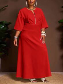 Veslaya 2025 Spring & Summer New Arrival, Daily Casual & Elegant Commute & Vacation, Solid White Loose Short Sleeve V-Neck Half Zip Drawstring Waist Flared Maxi Shirt Dress, Plus Size - Z