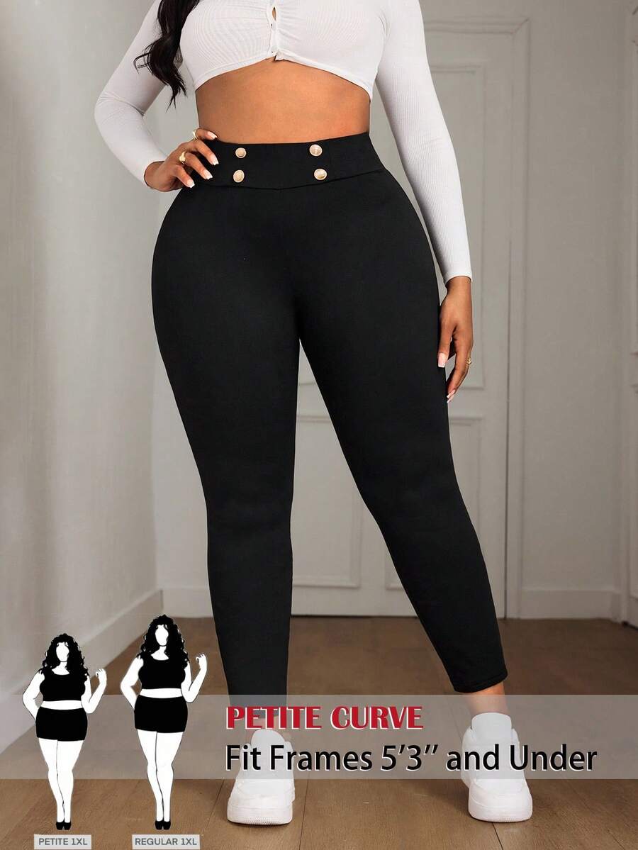 SHEIN PETITE CURVE Plus Size Women's Black Fashion Button Decor Casual High Waist Slimming Leggings, Suitable For Autumn/Winter Petite Pants For Women 2 Piece Sets Women Pants Petite Curve Pants Curve Pants Set - Black - View 1