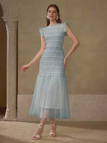 MOTF PREMIUM VESTIDO ROMÁNTICO PARA VACACIONES CON TELA FRUNCIDA Y CONTRASTE DE MALLA - Azul - Ver 5