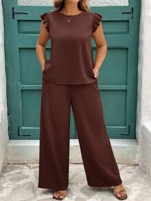 SHEIN Clasi 2pcs Women Plus Size Khaki Bubble Ruched Bell Sleeve Shirt & Wide Leg Elastic Waist Pants Set, Elegant Outfit For Spring/Summer Sets 2 Pieces Sets Ladies Sets For Women Matching Sets Women Two Pieces Set Women Two Pieces Outfit Women Sets For Women Casual,Business Casual Woman