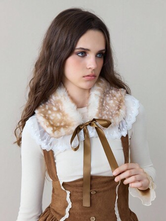 Fairycore 1 pezzo Adorabile scialle in peluche con motivo a cervo, sciarpa dolce con volant in pizzo e fiocco, accessorio moda caldo per il collo per l'autunno/inverno